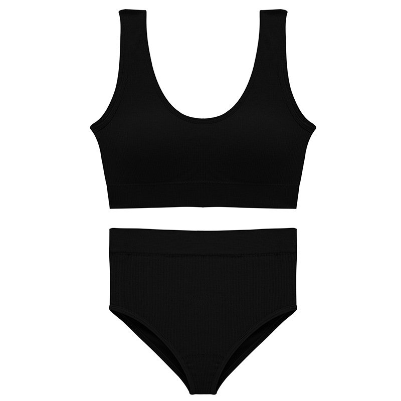 Women's Comfortable Cotton Sports Bra Underwear Set Breathable Top Support with Padded Design Solid Color Sexy Traceless Set