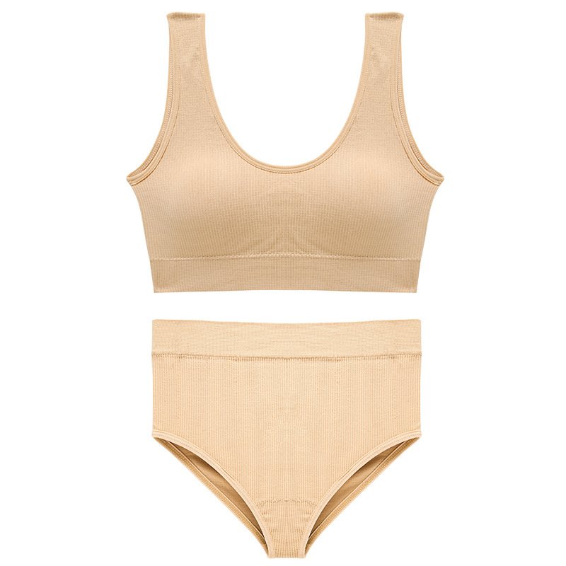 Women's Comfortable Cotton Sports Bra Underwear Set Breathable Top Support with Padded Design Solid Color Sexy Traceless Set