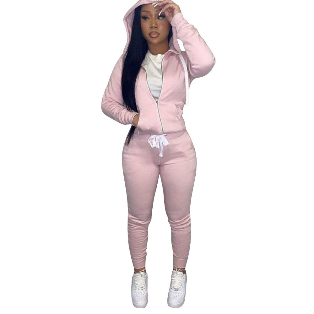 autumn and winter women clothing solid color hoodies slim-fitting drawstring hooded sweater two piece set