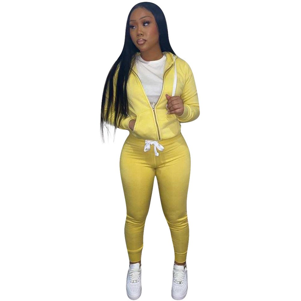 autumn and winter women clothing solid color hoodies slim-fitting drawstring hooded sweater two piece set