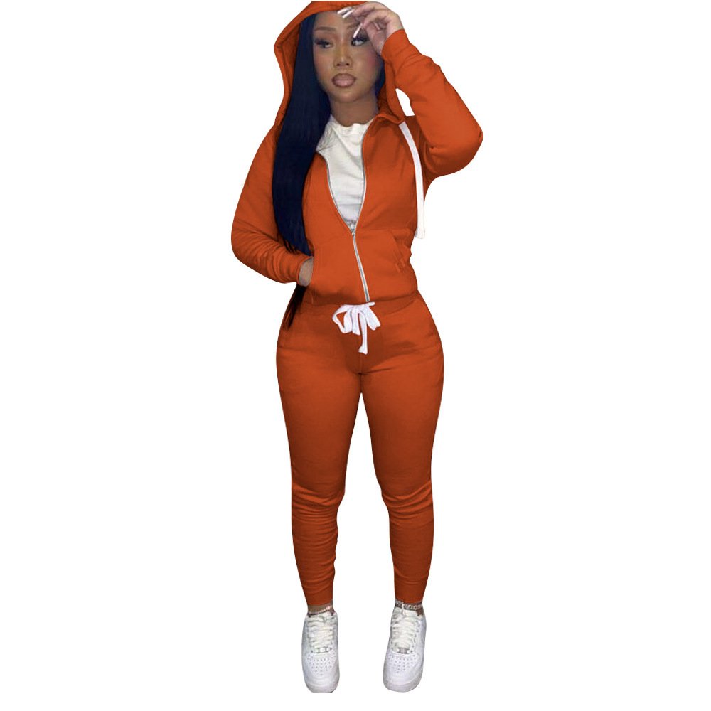 autumn and winter women clothing solid color hoodies slim-fitting drawstring hooded sweater two piece set