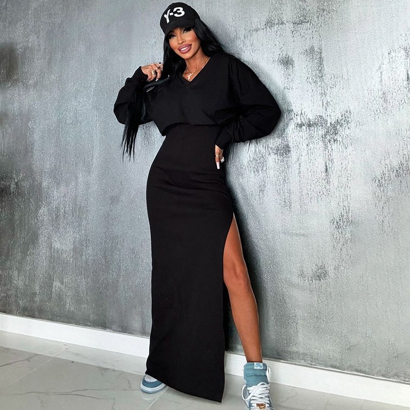 Sexy Elegant Fashion Club Women's Suit Long Sleeve Deep V Top + Tight Side Split Slim Skirt 2 Piece Set Women