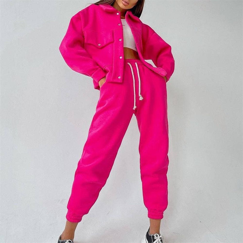 New fashion Autumn and winter solid color women's jacket top casual trousers set long-sleeved jacket sweater two-piece set women