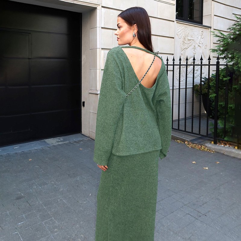 2024 Women's Autumn New Loose Long-sleeved Backless Top Casual Skirt Elegant Suit Women's Sets