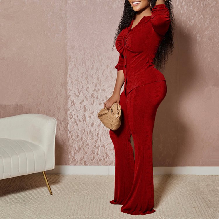 Fall 2024 women clothes Velvet Turndown Collar Long Sleeve Shirt and Pants women's sets