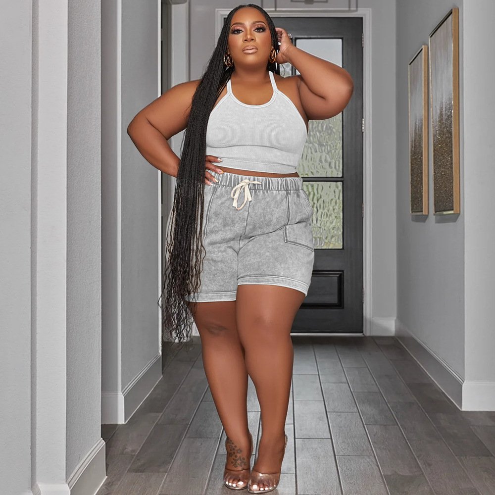 trending product Solid Color Casual Vest Shorts plus size women's sets