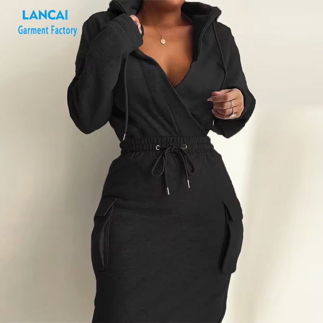New Arrival Women Tracksuit Cotton Fleece Wrapped Collar Hoodies Skirt With Cargo Pockets Women Set Street Wear