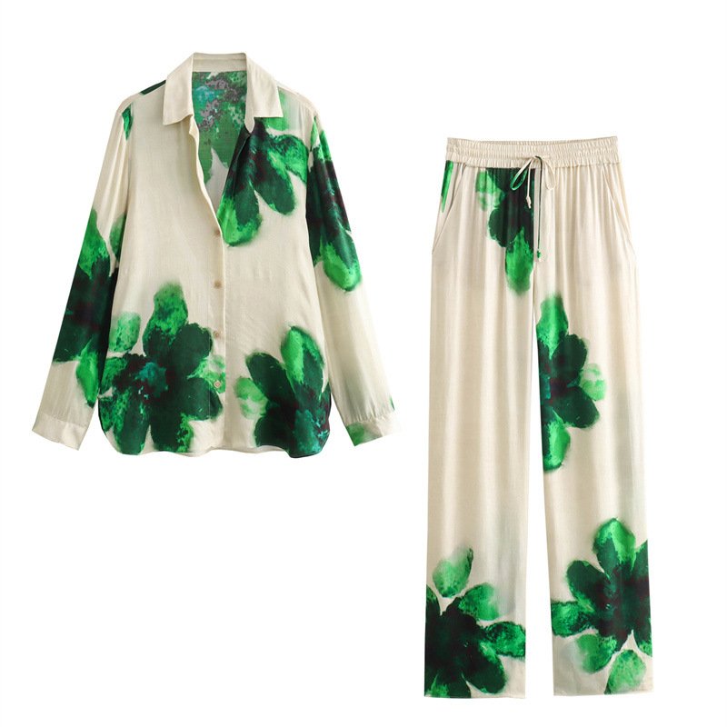 Newest Sexy Casual Loose Homewear Colorful Floral Print Blouse Long Pant Matching Set Two Piece Pants Set Outfit Fall Set Woman