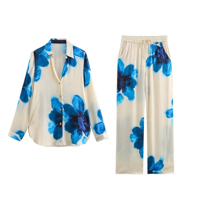 Newest Sexy Casual Loose Homewear Colorful Floral Print Blouse Long Pant Matching Set Two Piece Pants Set Outfit Fall Set Woman