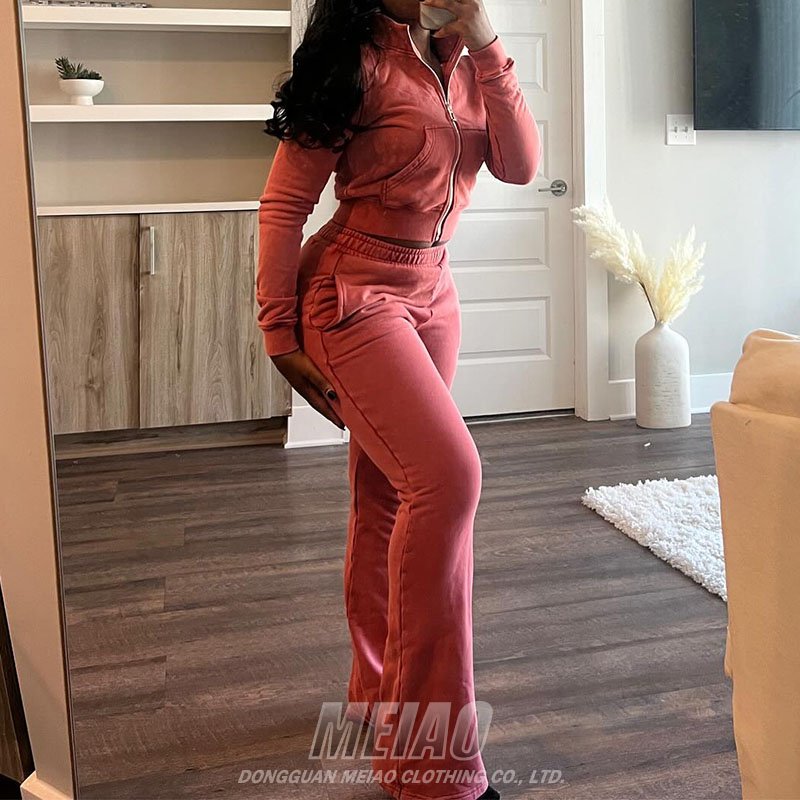 Custom Sweatsuit Pink Distress Zip Up Cropped Hoodie And Jogger Set High Quality 2 Piece Tracksuit Acid Washed Hoodie Set Women