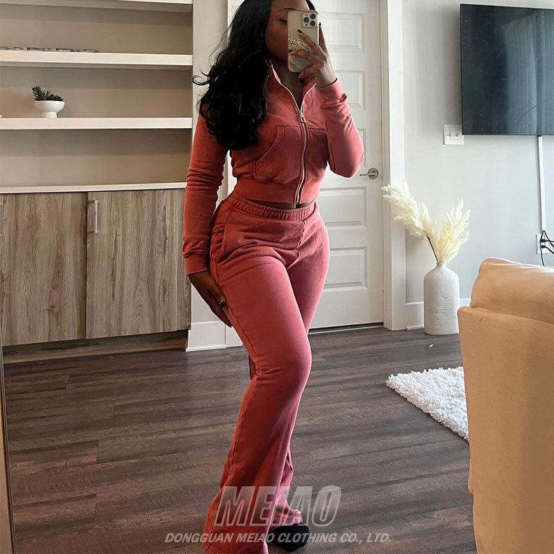 Custom Sweatsuit Pink Distress Zip Up Cropped Hoodie And Jogger Set High Quality 2 Piece Tracksuit Acid Washed Hoodie Set Women