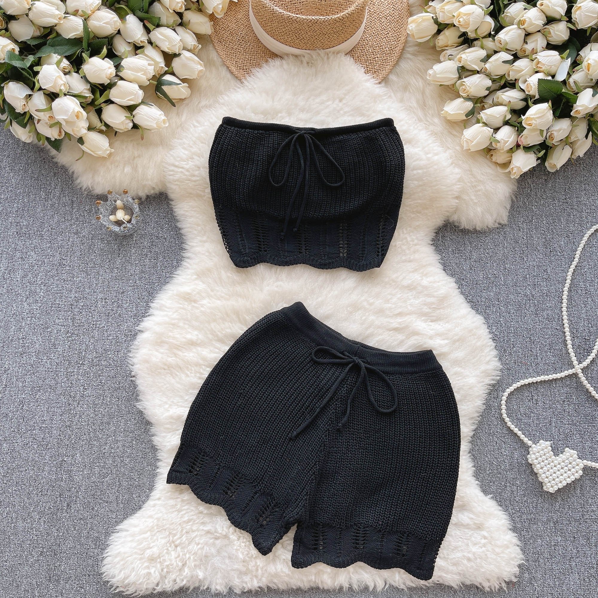 Summer New Women's Fashion Knitted Hollow Wrap Vest Slim High Waist Shorts Set