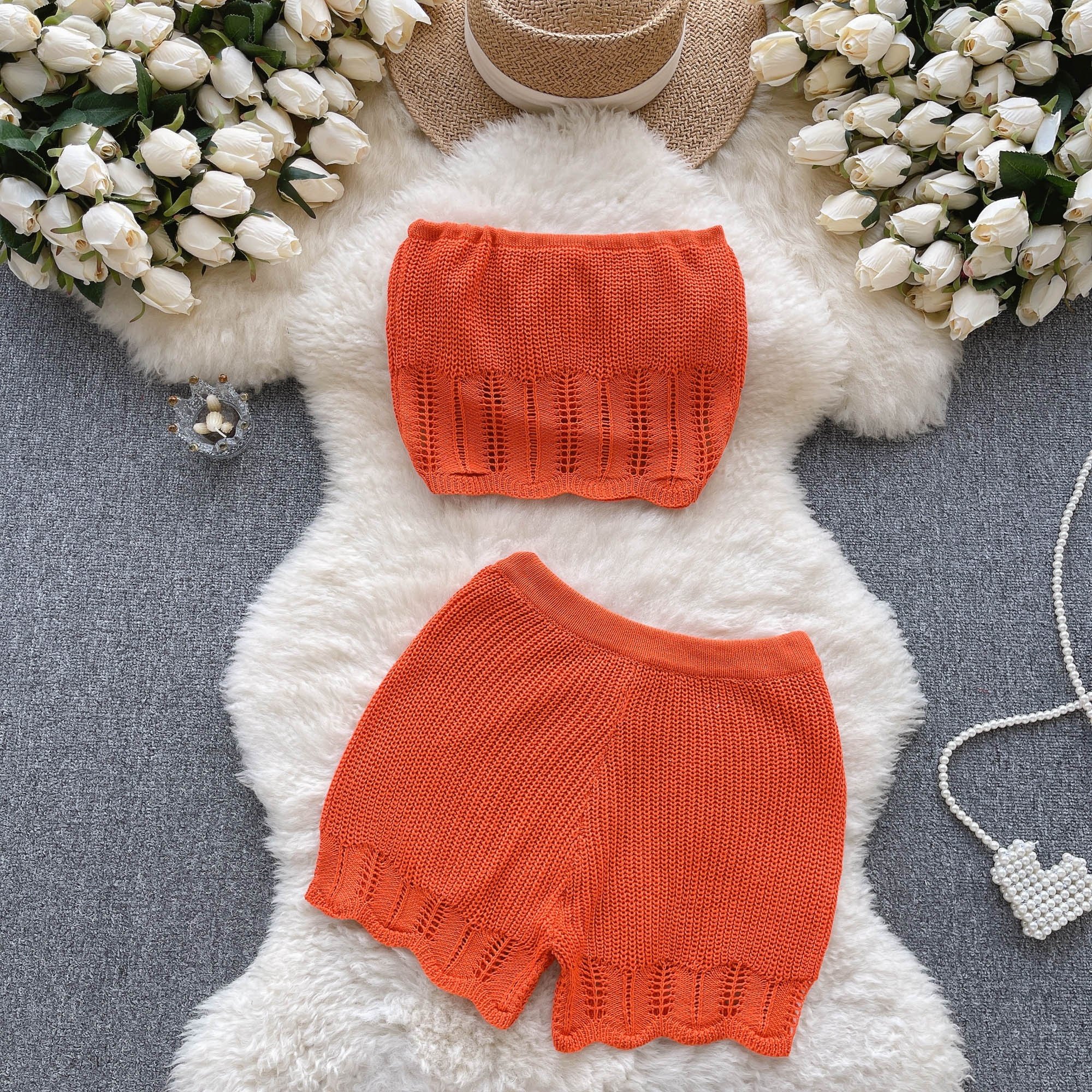 Summer New Women's Fashion Knitted Hollow Wrap Vest Slim High Waist Shorts Set