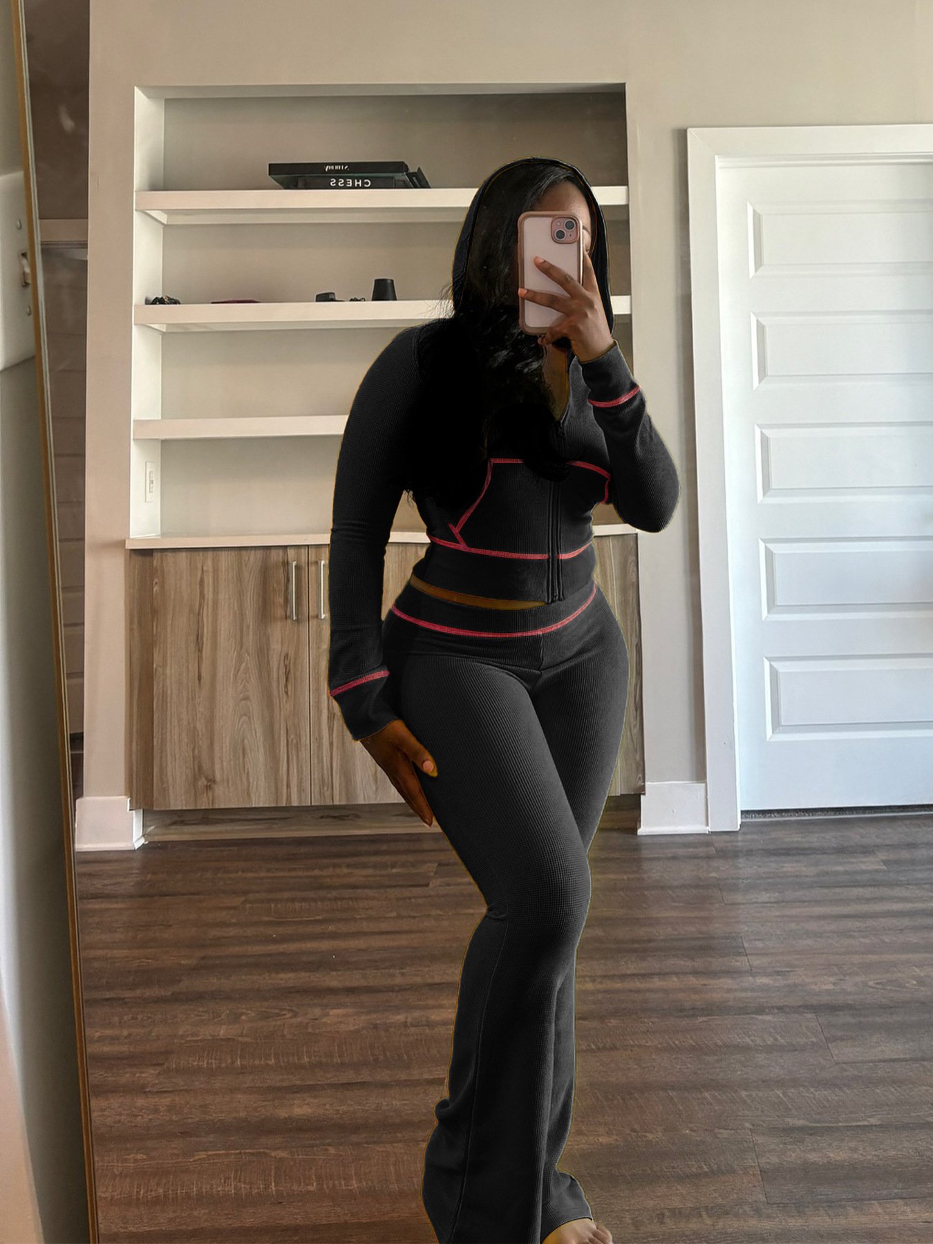 2024 New Fall Winter Sweatshirt Two Piece Pants Set Women's Jogger Sweatsuits Waffle Zipper Up Hoodies And Flare Trousers Set