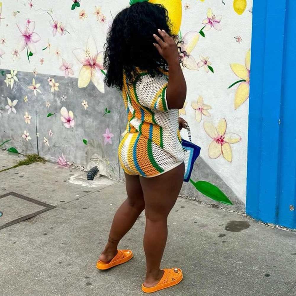 Women's Crochet Short Set with Stripes in Yellow, Green and Blue