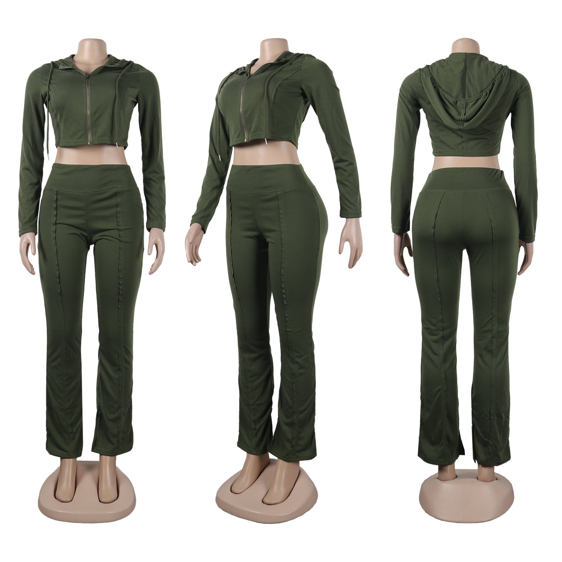 Custom Logo Women's Set Long Sleeve Hoodies Sweatsuit Set Slit Flare Legging Pants Two 2 Piece Set Outfit Sports Tracksuits