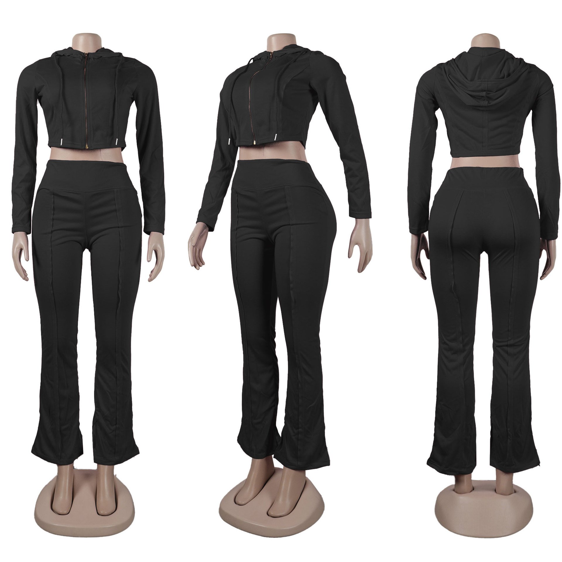Custom Logo Women's Set Long Sleeve Hoodies Sweatsuit Set Slit Flare Legging Pants Two 2 Piece Set Outfit Sports Tracksuits