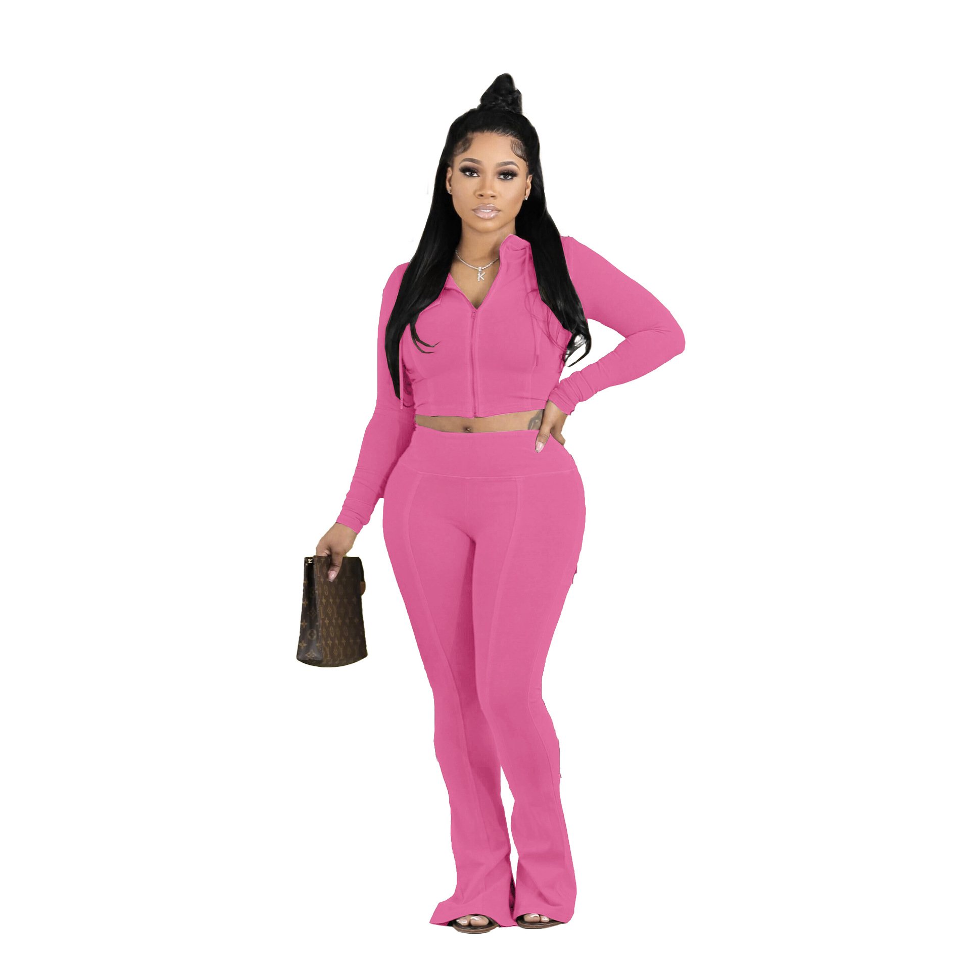 Custom Logo Women's Set Long Sleeve Hoodies Sweatsuit Set Slit Flare Legging Pants Two 2 Piece Set Outfit Sports Tracksuits