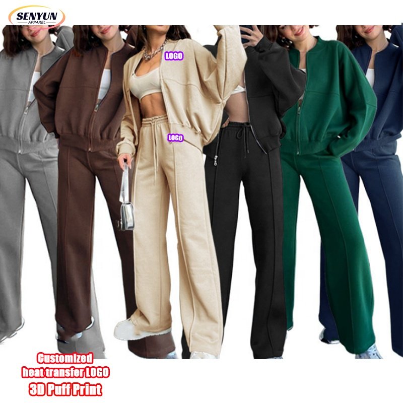 High Quality Fashion Plus Size Plain Outfits Gym Jogger Zip Tracksuits 2 Piece Set Custom Embroidery Logo Sports Women'S Sets
