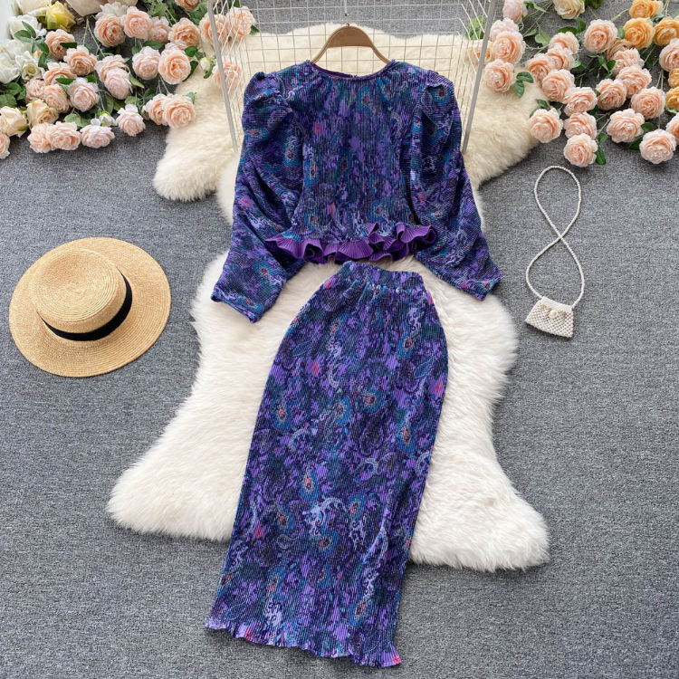Women's Sets Autumn Floral Tops Vintage High Waist Skirt Set American Clothing Wholesale