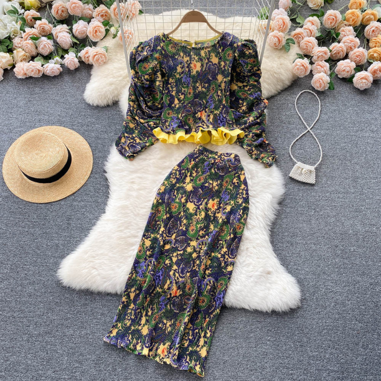 Women's Sets Autumn Floral Tops Vintage High Waist Skirt Set American Clothing Wholesale