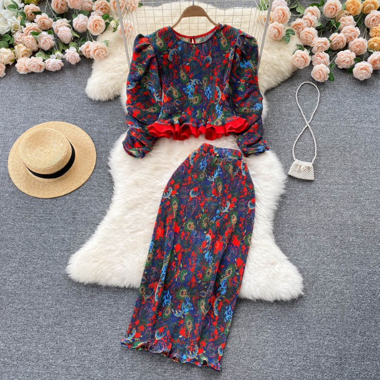 Women's Sets Autumn Floral Tops Vintage High Waist Skirt Set American Clothing Wholesale