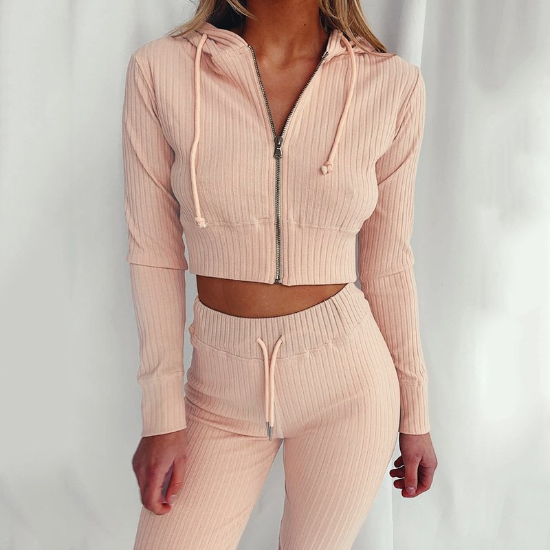 Factory wholesale price ODM/OEM customized design suitable hoodie knitting slim sport two pieces set for autumn styles