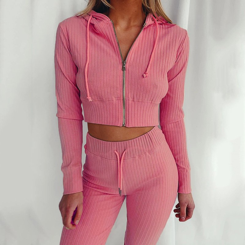 Factory wholesale price ODM/OEM customized design suitable hoodie knitting slim sport two pieces set for autumn styles