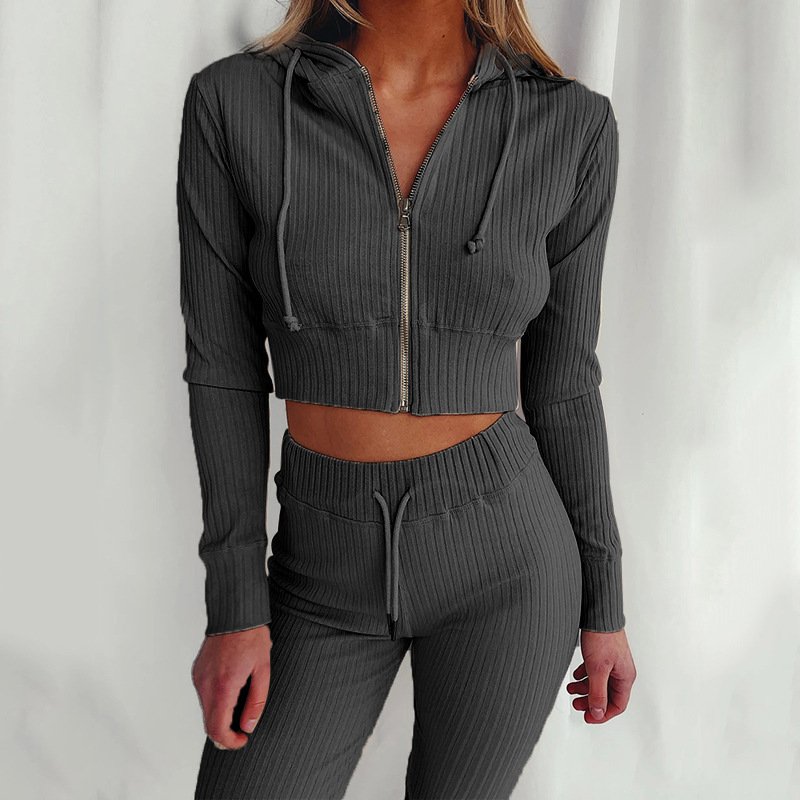 Factory wholesale price ODM/OEM customized design suitable hoodie knitting slim sport two pieces set for autumn styles