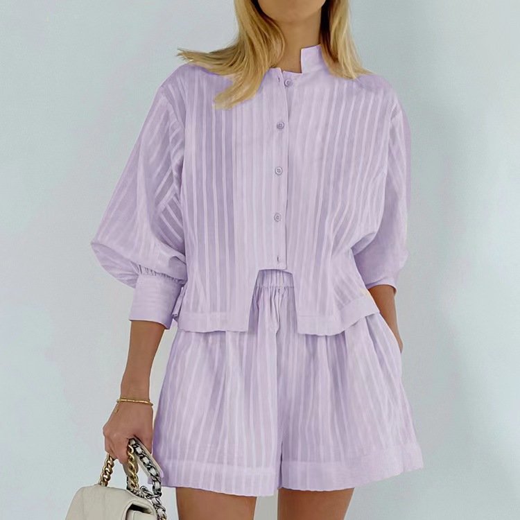 Wholesale 2024 Autumn New Jacquard Striped Casual Stand Up Collar Bubble Sleeve Button Up Shirt Shorts Women's Set