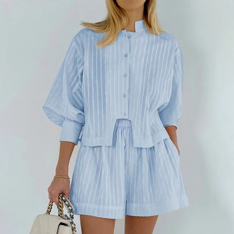 Wholesale 2024 Autumn New Jacquard Striped Casual Stand Up Collar Bubble Sleeve Button Up Shirt Shorts Women's Set