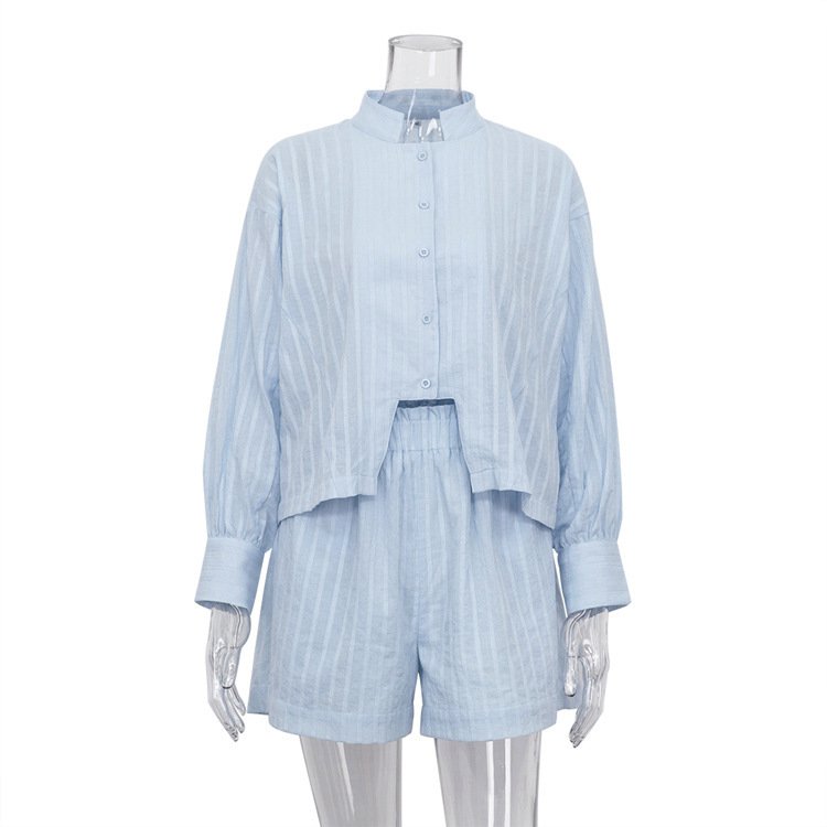 Wholesale 2024 Autumn New Jacquard Striped Casual Stand Up Collar Bubble Sleeve Button Up Shirt Shorts Women's Set