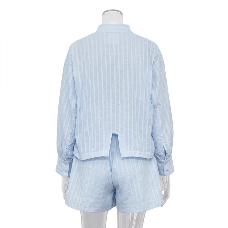 Wholesale 2024 Autumn New Jacquard Striped Casual Stand Up Collar Bubble Sleeve Button Up Shirt Shorts Women's Set