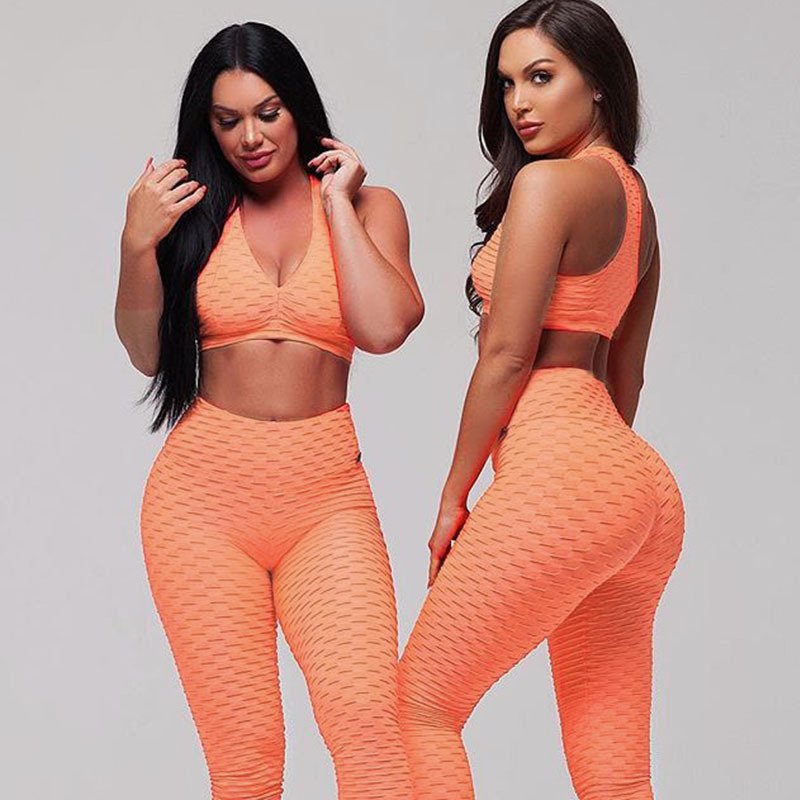 Women Bubble Textured Scrunch Butt High Waist Workout Pants Gym Tights Leggings Bra Yoga Set two piece pants
