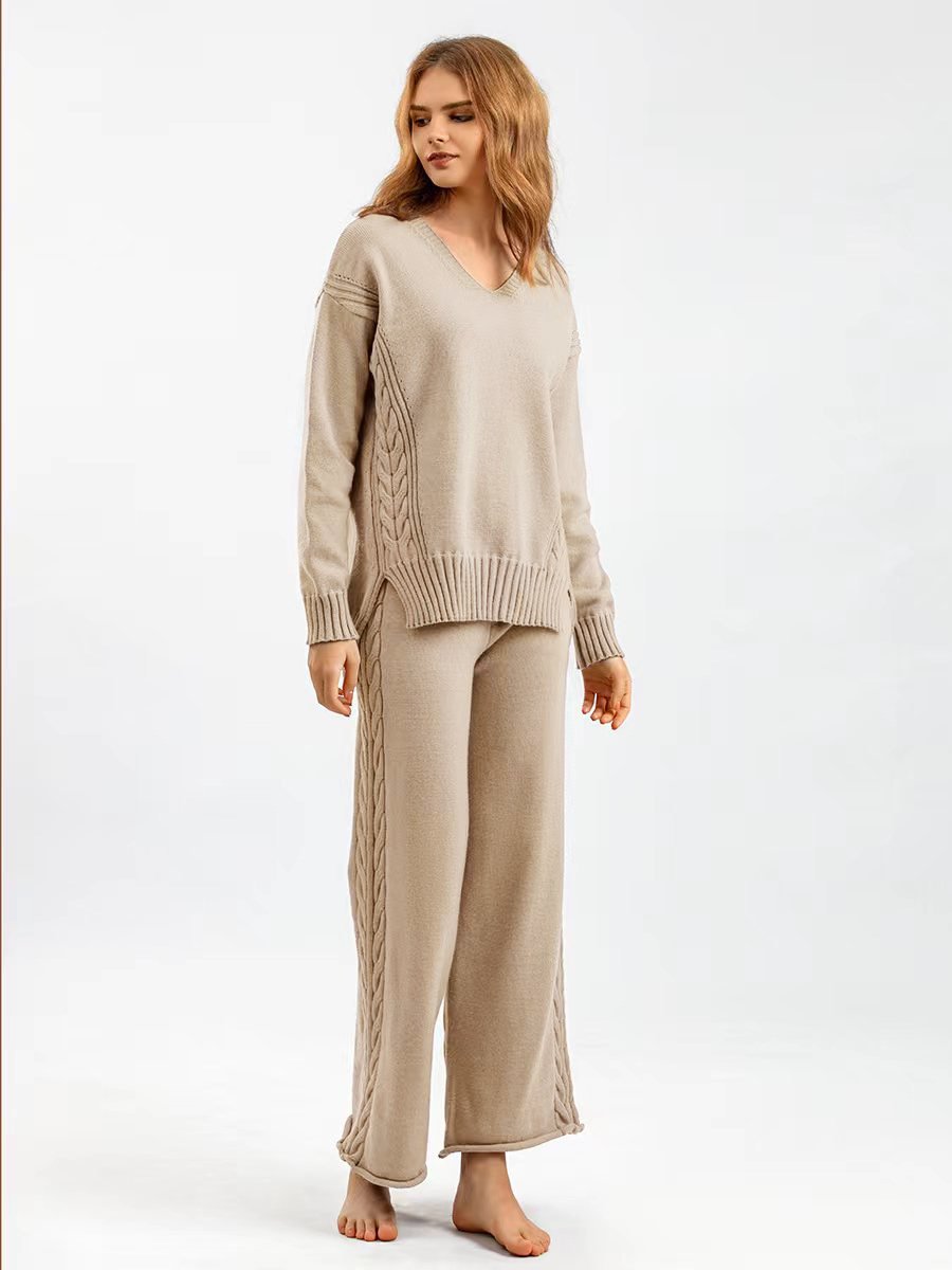 Wholesale 2024 Autumn New Korean Version Loose Thick Fashion Style Knitted Wide Leg Pants Sweater Women's Set