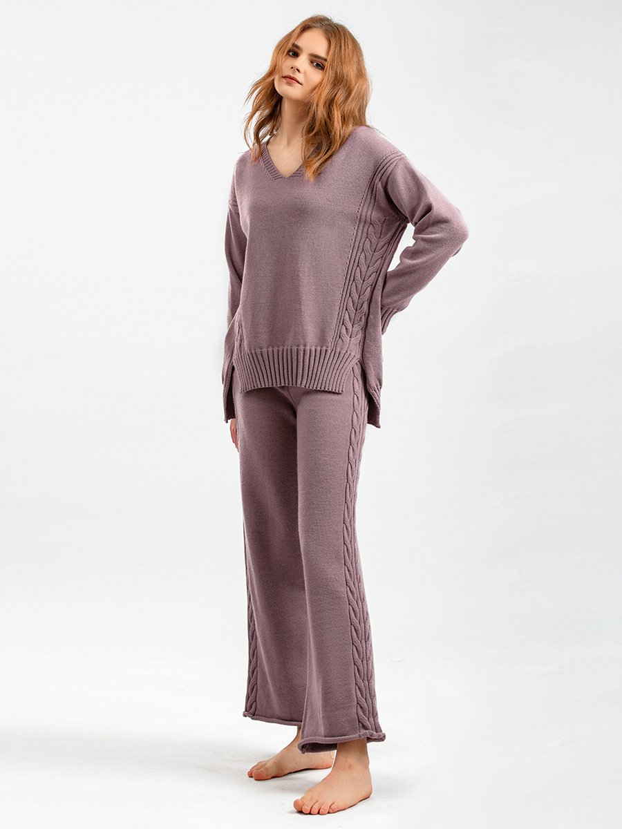 Wholesale 2024 Autumn New Korean Version Loose Thick Fashion Style Knitted Wide Leg Pants Sweater Women's Set
