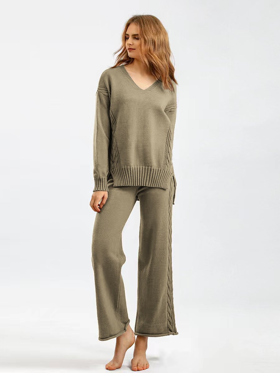 Wholesale 2024 Autumn New Korean Version Loose Thick Fashion Style Knitted Wide Leg Pants Sweater Women's Set