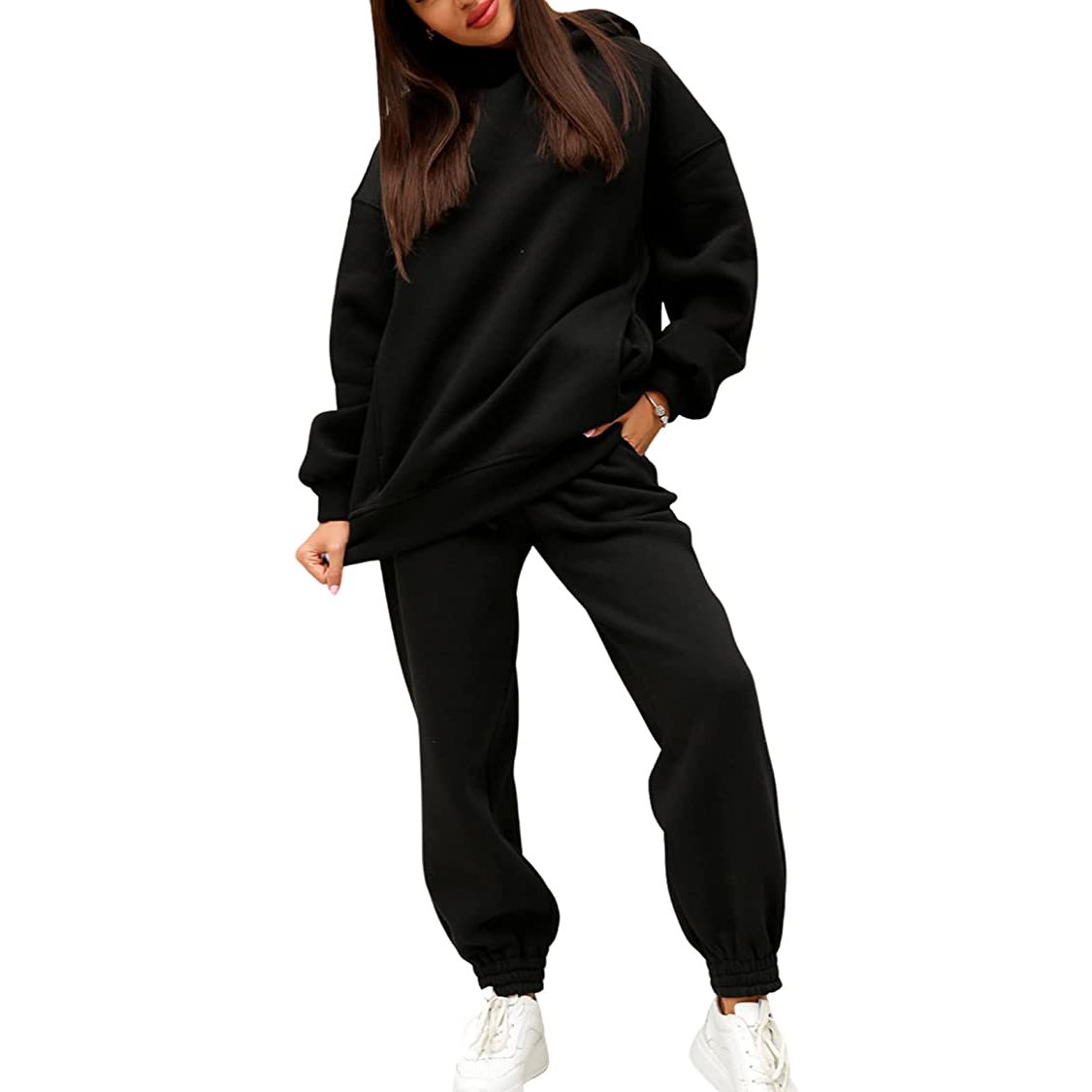 Womens loose fit sweatshirt fleece drop shoulder hoodie jogger pants workout 2 piece set outfit sets cotton fleece women tracksu