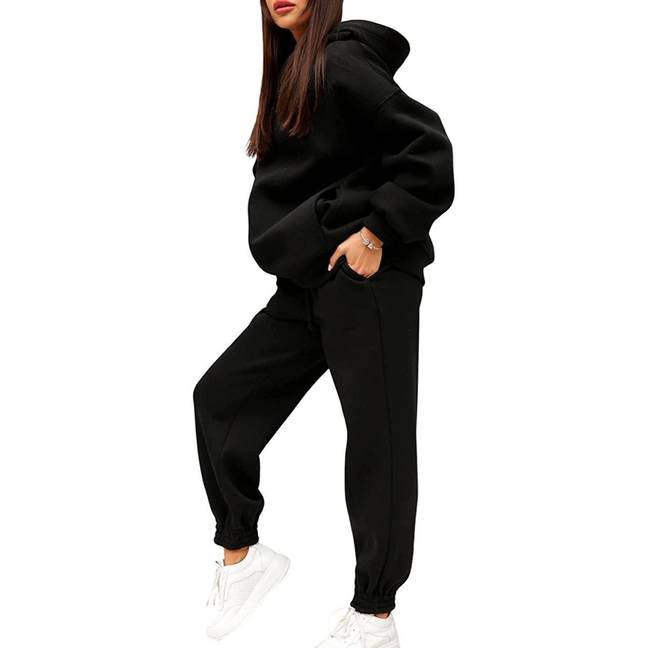 Womens loose fit sweatshirt fleece drop shoulder hoodie jogger pants workout 2 piece set outfit sets cotton fleece women tracksu