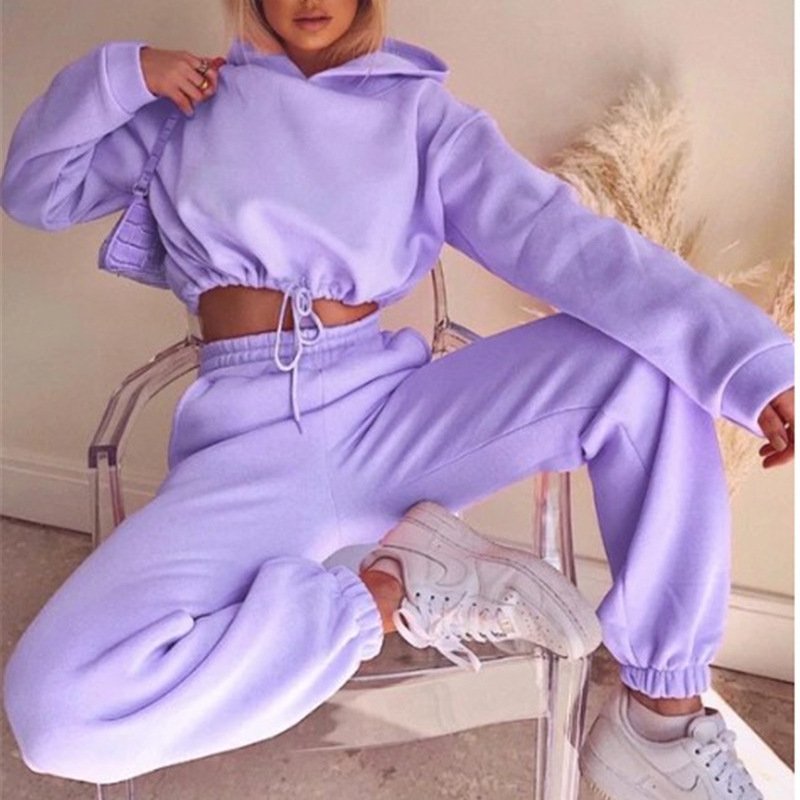 In Stock Women's Fitness Tracksuit Set Warm Long Sleeve Casual Crop Top Hoodie & Sweatpants Sportswear