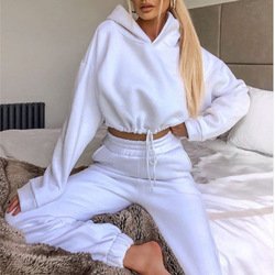 In Stock Women's Fitness Tracksuit Set Warm Long Sleeve Casual Crop Top Hoodie & Sweatpants Sportswear