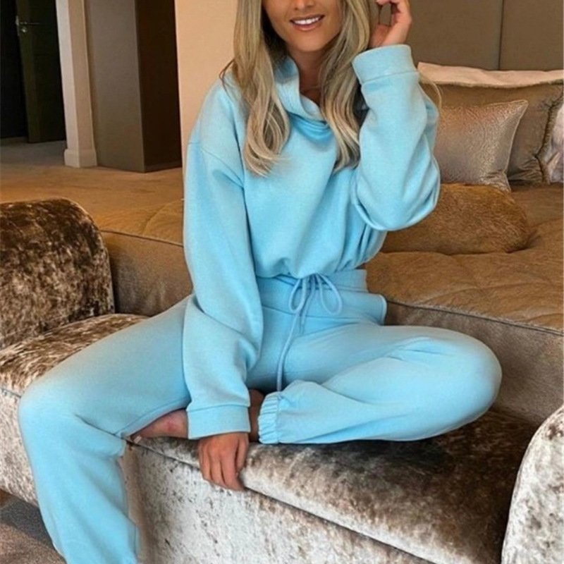 In Stock Women's Fitness Tracksuit Set Warm Long Sleeve Casual Crop Top Hoodie & Sweatpants Sportswear