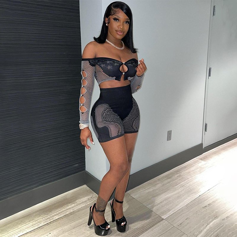 Peeqi NN0135 autumn 2024 women two piece shorts set mesh long sleeve crop top cutout slim shorts suit 2 pieces set for women