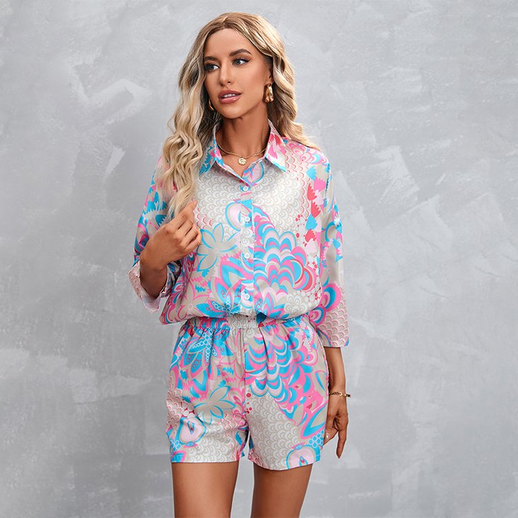 2022 Amazon Hot Sale Printed Plus Size Women's Sets Printed Casual Two-piece Set Half Sleeve Casual Women's Shorts Set