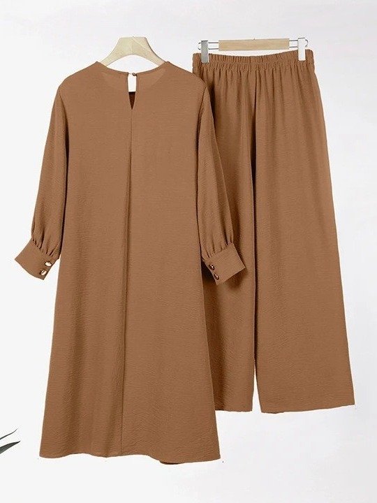 S-3XL Fashionable and elegant solid color irregular long shirt top wide leg pants long robe Muslim women's two-piece set