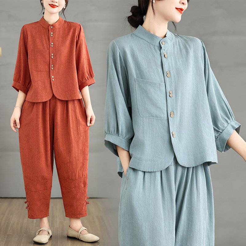 Boutique Wholesale 2024 Summer New Retro Artistic Linen Shirt Fashionable Wide Leg Pants Women's Set