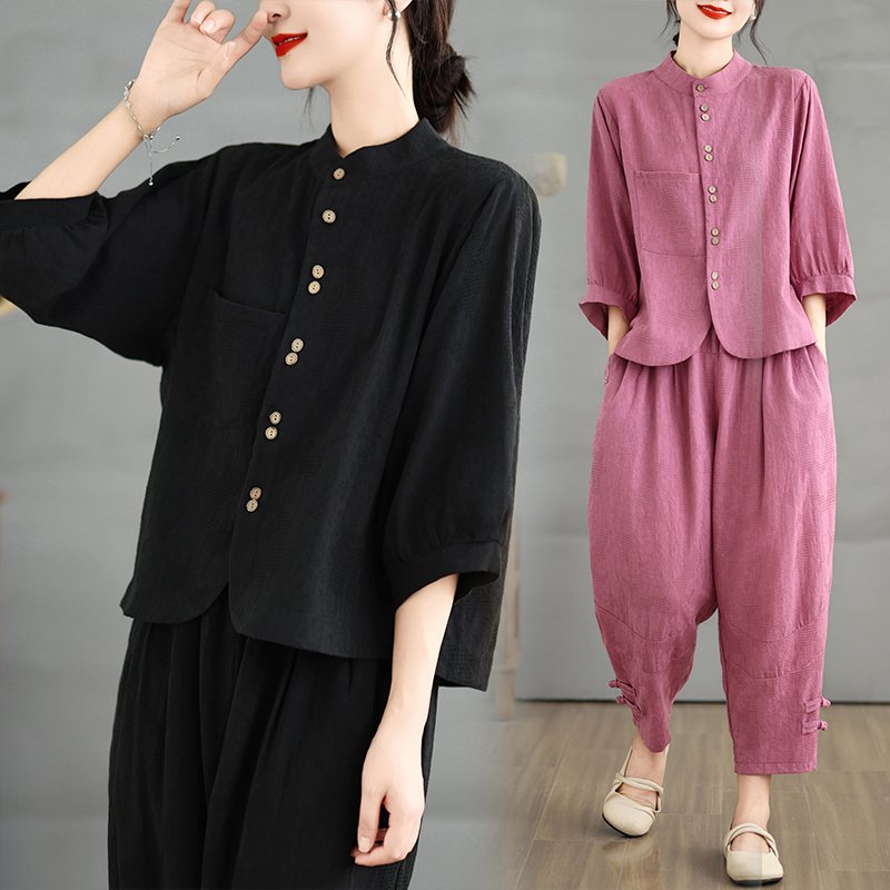 Boutique Wholesale 2024 Summer New Retro Artistic Linen Shirt Fashionable Wide Leg Pants Women's Set