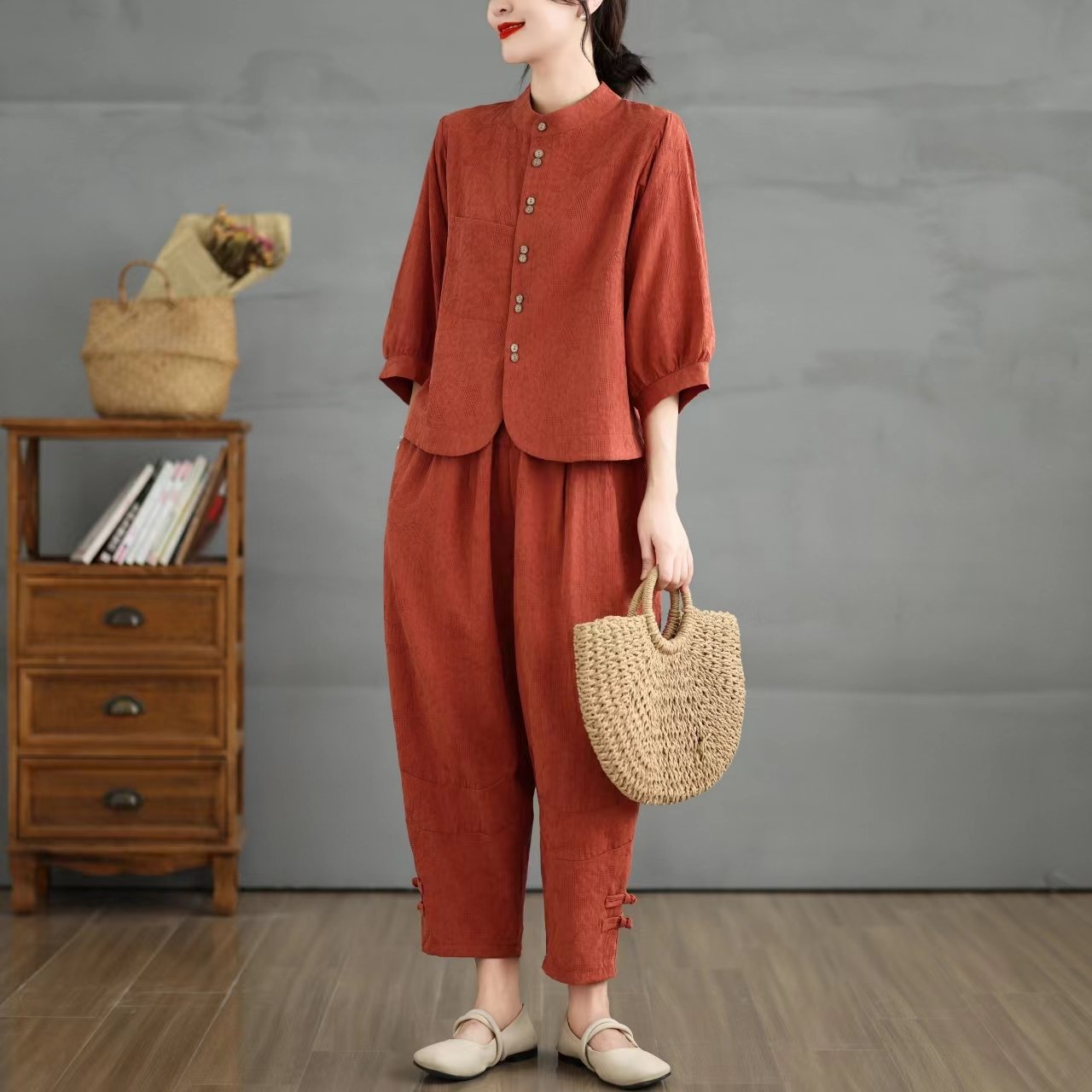 Boutique Wholesale 2024 Summer New Retro Artistic Linen Shirt Fashionable Wide Leg Pants Women's Set