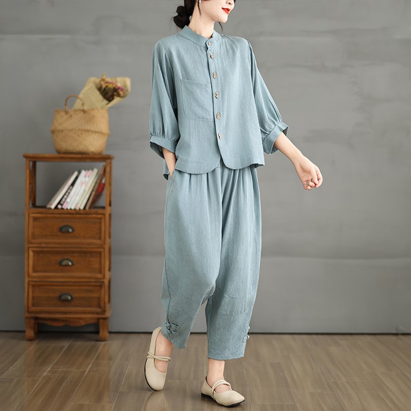 Boutique Wholesale 2024 Summer New Retro Artistic Linen Shirt Fashionable Wide Leg Pants Women's Set