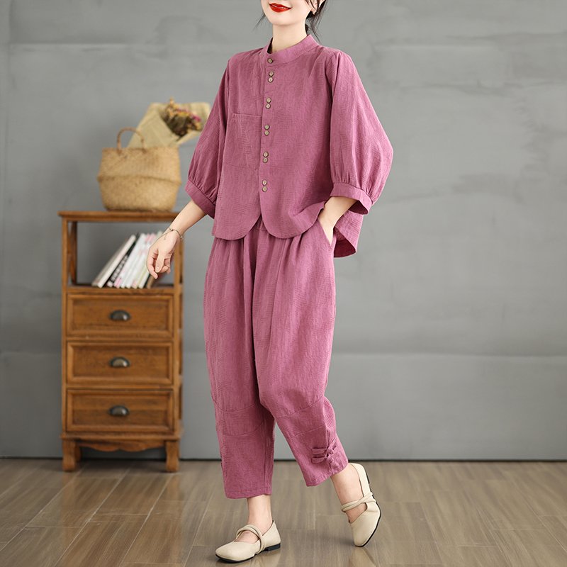 Boutique Wholesale 2024 Summer New Retro Artistic Linen Shirt Fashionable Wide Leg Pants Women's Set